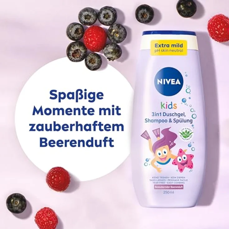 Nivea Kids 3in1 Duschgel, Shampoo & Spülung mit Beerenduft, extra milde Haar- und Hautpflege für Kinder (250 ml) – Bild 5