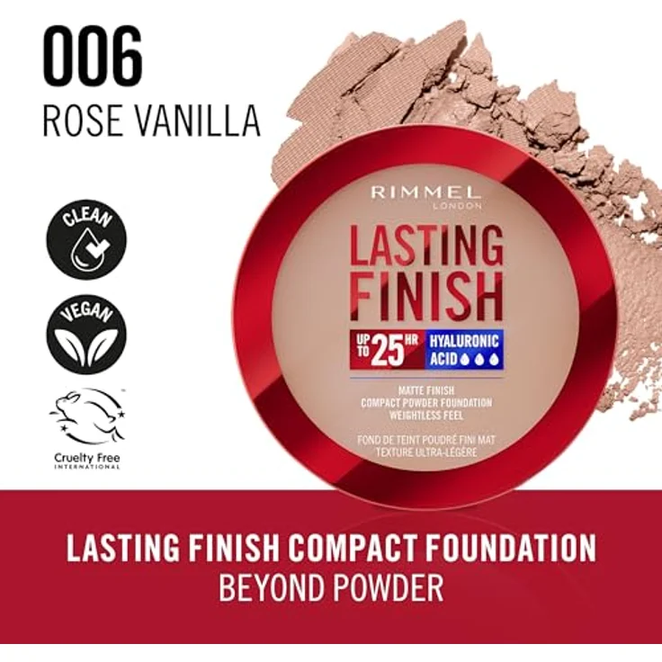 Rimmel London Lasting Finish Compact Base Pulver 006 Rose Vanilla 7 g, Mattes Finish, SPF 20, 25 Stunden Nutzung – Bild 2