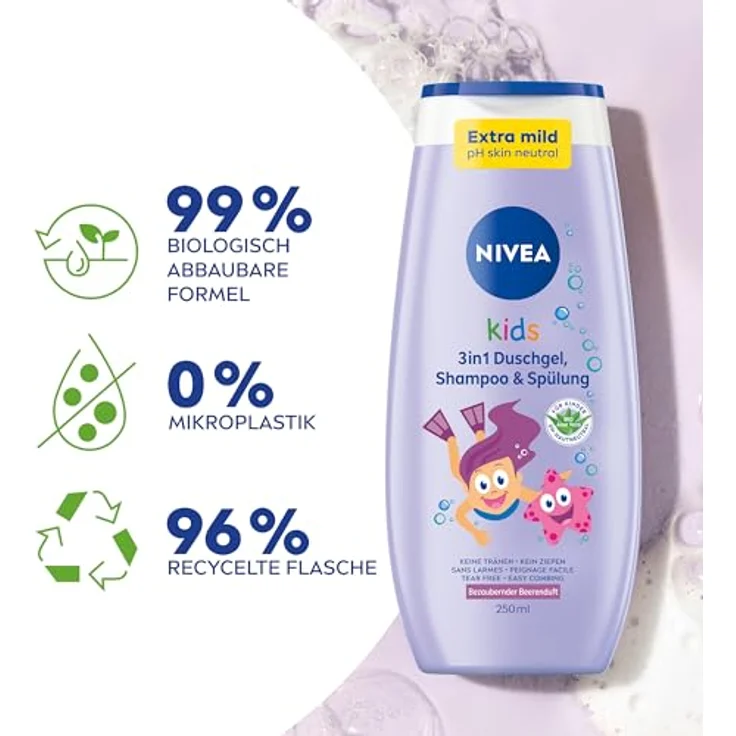 Nivea Kids 3in1 Duschgel, Shampoo & Spülung mit Beerenduft, extra milde Haar- und Hautpflege für Kinder (250 ml) – Bild 2