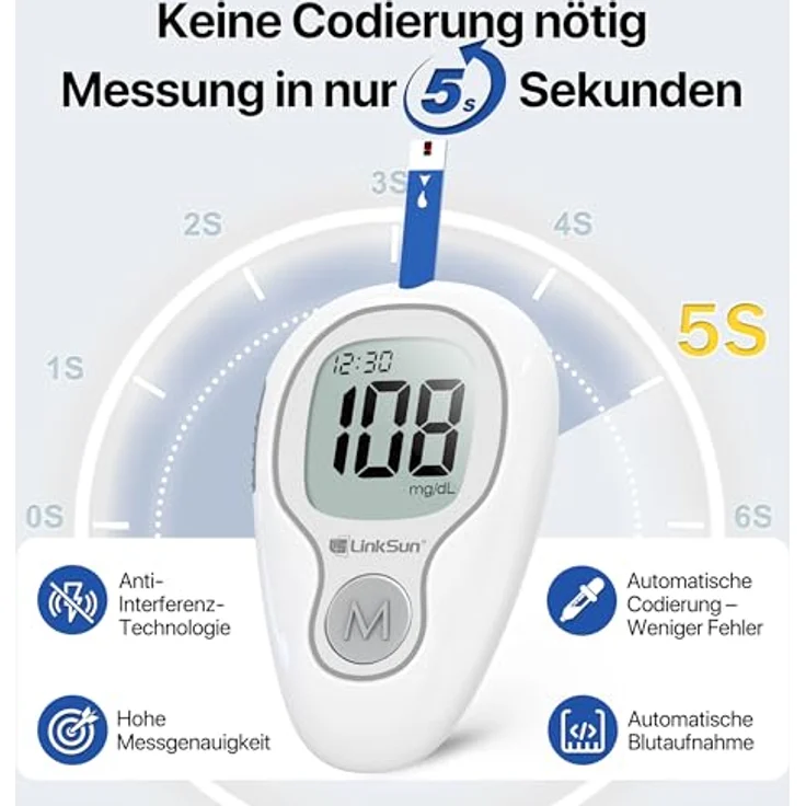LinkSun Blutzuckermessgerät G-425-3, inkl. 100 Teststreifen & Lanzetten, automatische Aktivierung, kodierungsfrei, 500 Speicherplätze, sanfte Blutentnahme – Bild 3