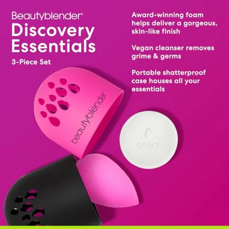 beautyblender Discovery Essentials 3-Piece Set, Make-Up Schwamm mit Blendercleanser Solid und Blender Defender Etui, schwarz/pink – Bild 4
