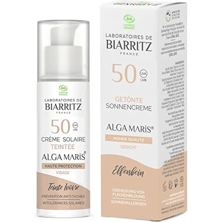 Laboratoires de Biarritz - Getönte Sonnencreme Gesicht - Elfenbein - LSF50 ALGA MARIS® Bio-zertifiziert - Hydriert, mattiert, sorgt für ein gesundes Strahlen - 50 ml - Made in France