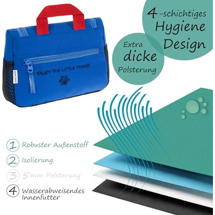 GRINSEZWERGE Kinder Kulturtasche, Reise Kulturbeutel zum Aufhängen mit großem Hauptfach, 4 Netztaschen, abnehmbarem Spiegel und stabilen Metallhaken, Premium Qualität, ideal als Geschenk für Mädchen und Jungen – Bild 5