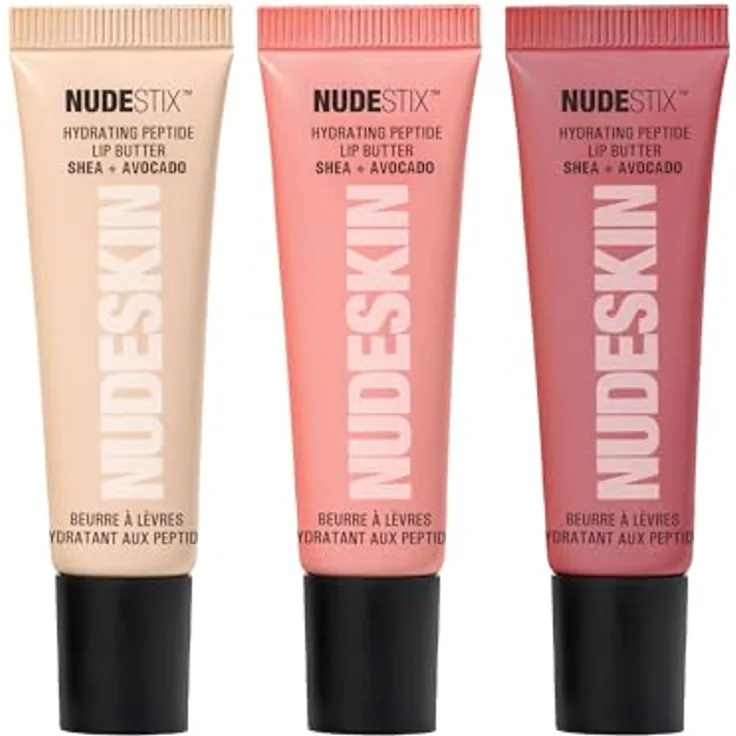 Nudestix Nudeskin Hydra-Peptide Lip Butter Tint Set, 3x 10 ml Lippenbalsam mit Feuchtigkeitsspender und sanft kühlender Wirkung