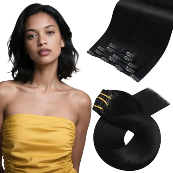 Moresoo Clip-In Echthaar Extensions, Seidig Glatt, 30 cm, 80g, Schwarz #1B, 5 Stück, Leicht und Bequem, Volumen Verstärkung – Bild 1