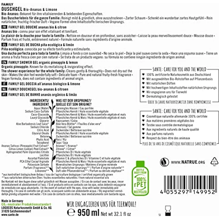 SANTE Naturkosmetik Erfrischendes Duschgel mit Zitrusduft, Feuchtigkeitsspendende Duschpflege für geschmeidige Haut in Familiengröße, Mit Bio-Ananas und Limone, Family Duschgel, 1 x 950 ml – Bild 2