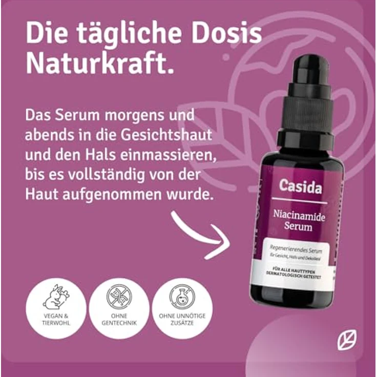 Casida Niacinamide Serum 30 ml, regenerierendes Gesichtsserum für verfeinertes Hautbild – Bild 4
