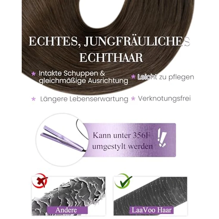 LaaVoo Microring Extensions Echthaar Dunkelbraun 45cm, 50g, wiederverwendbar, hitzestylingfähig, unsichtbare Mikroperlen – Bild 4