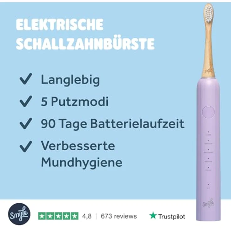 Smyle Schallzahnbürste mit Sensor – 3 Monate Akkulaufzeit, 5 Putzmodi, USB-C-Ladegerät, 2 Bürstenköpfe, wasserdicht – lila – Bild 2