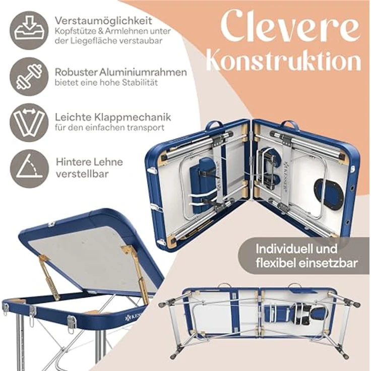 KESSER® Massageliege 3 Zonen bis 250kg, klappbar und verstellbar, Tragetasche, Alu-Kopfstütze, Anti-Rutsch Füße, 60cm, Navyblau – Bild 5