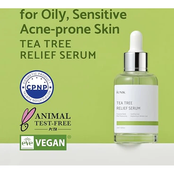 iUNIK Tea Tree Relief Serum, 50 ml - Gesichtscreme für sensible und gereizte Haut mit 67% Teebaum-Blattwasser – Bild 2