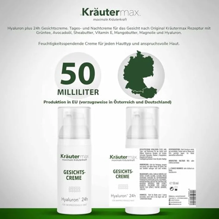 Kräutermax Hyaluron Creme Gesicht, feuchtigkeitsspendende 2in1 Tages- und Nachtcreme mit Hyaluronsäure, 50 ml – Bild 3