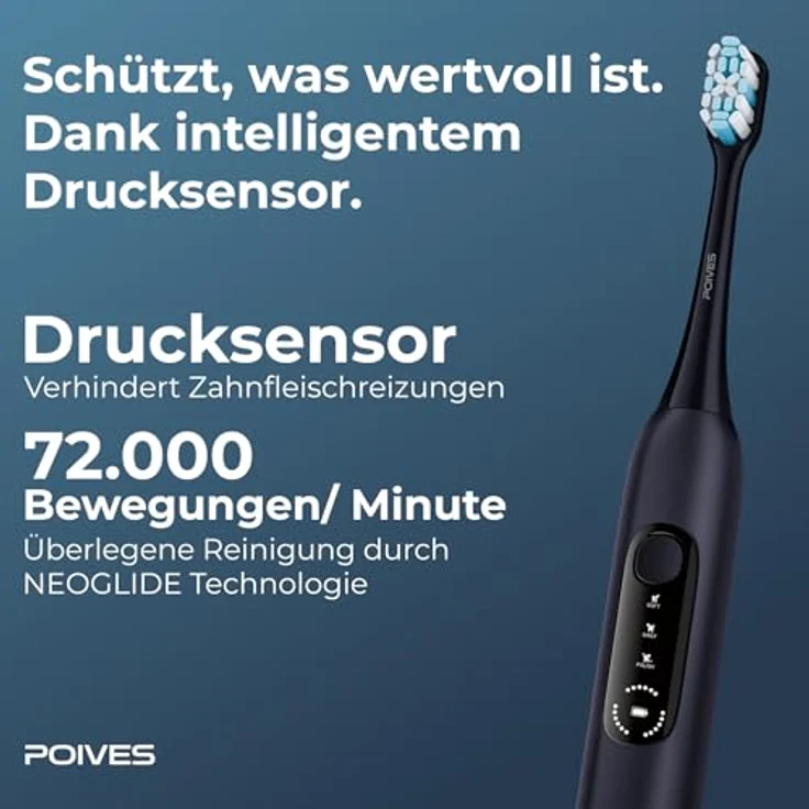 POIVES Schallzahnbürste POIVES P1 Pro, elektrische Zahnbürste mit Drucksensor, 72.000 Bewegungen, 4 Jahre Garantie, Midnight Blue – Bild 2