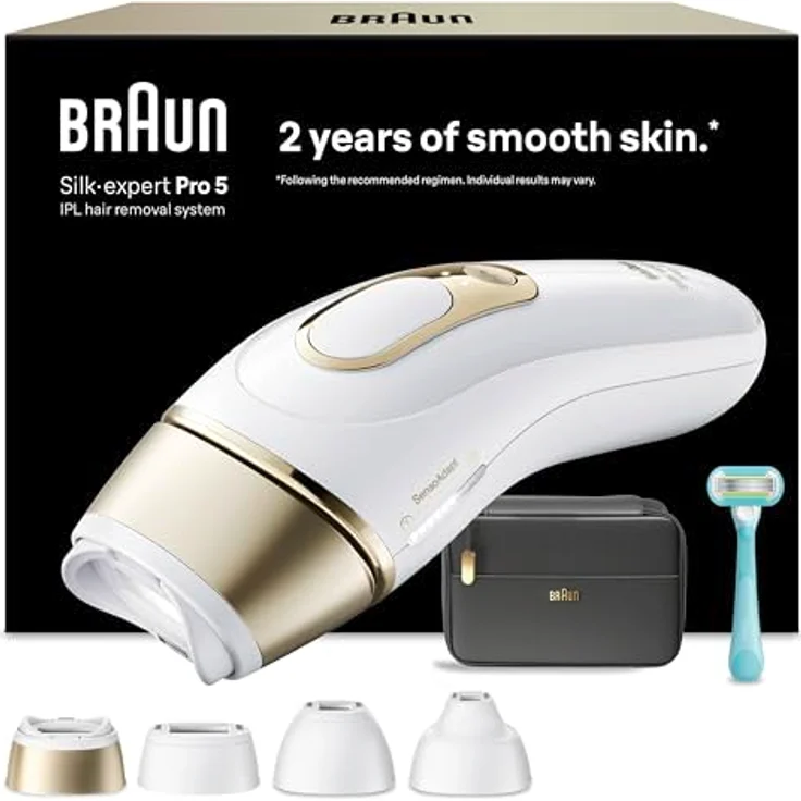 Braun Silk·expert Pro 5 PL5431, IPL Geräte zur Haarentfernung für Zuhause, inklusive Etui, Venus Rasierer und 4 Aufsätze, Weiß/Gold – Bild 1