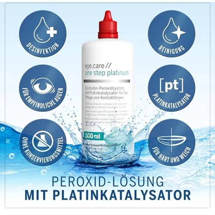EYE CARE COMPANY Eye.care platinum solution Peroxidreiniger mit Platinkatalysator, 300 ml, ohne Konservierungsmittel für weiche und harte Kontaktlinsen, inklusive Behälter – Bild 5