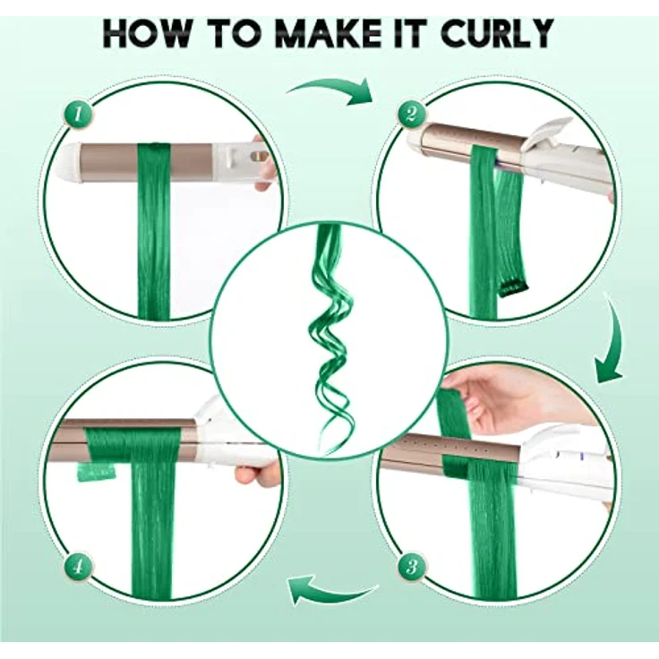 FESHFEN Farbige Haarverlängerung, 10 PCS Grüne Synthetik Clip-in Haarteile, Bunte Glatte Haare für Damen, 55 cm, Ideal für Saint Patrick's Tag – Bild 5
