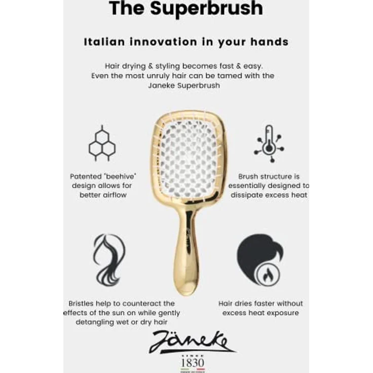 Janeke Superbrush Small, Flachbürste für Damen mit speziellen Borsten zum schonenden Entwirren, 17,5 x 7 x 3 cm – Bild 2