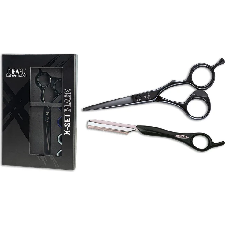 Joewell X-Set Black, Haarschneidescheren-Set mit 5,75 Zoll Haarschere und Feather Razor, ergonomisch, Titanbeschichtung, made in Japan