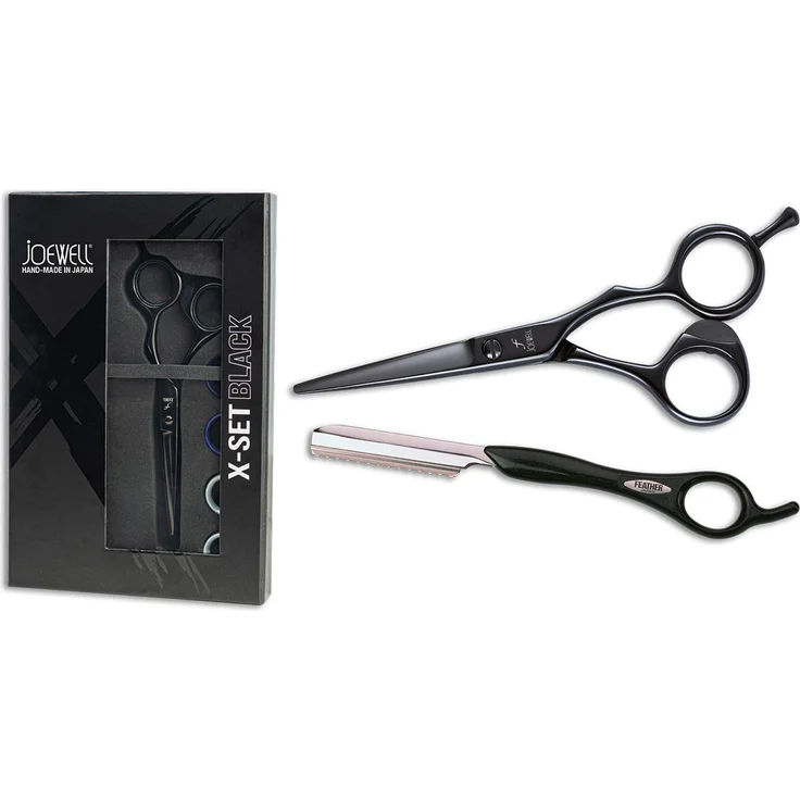 Joewell X-Set Black, Haarschneidescheren-Set mit 5,75 Zoll Haarschere und Feather Razor, ergonomisch, Titanbeschichtung, made in Japan