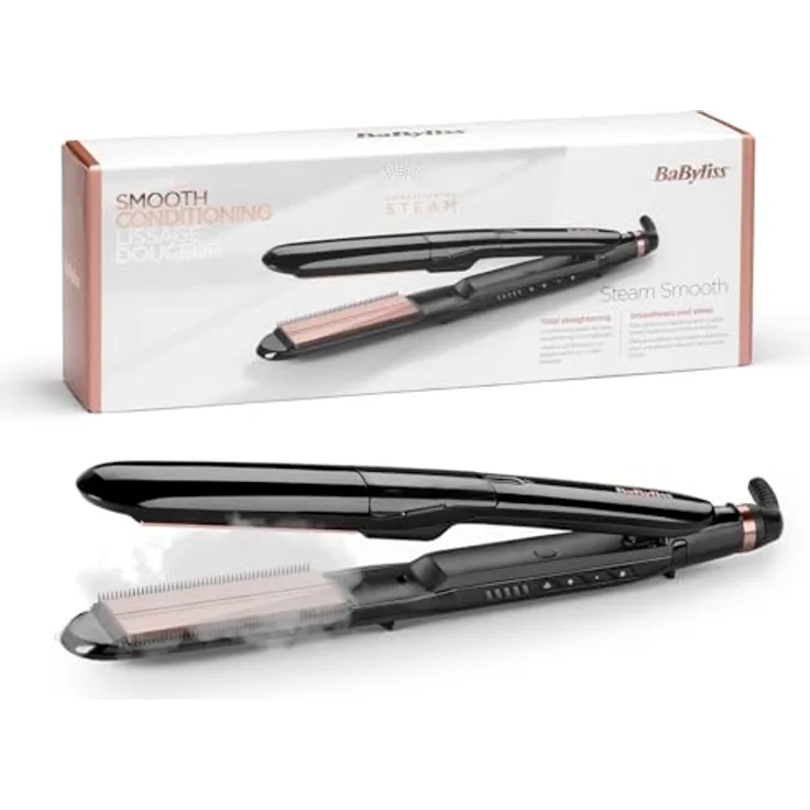 BaByliss Steam Smooth Dampfglätteisen, 39mm breite Turmalin-Keramik-Platten, 5 Temperatureinstellungen bis 230°C, inkl. Kammeinschübe und Hitzeschutzmatte