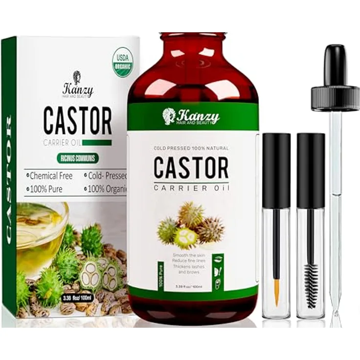 KANZY Rizinusöl Bio Kaltgepresst 100ml, Organisches Rizinusöl für Haarwachstum, Hautpflege, Wimpern und Augenbrauen, reich an Vitamin E und Omega-6-Fettsäuren