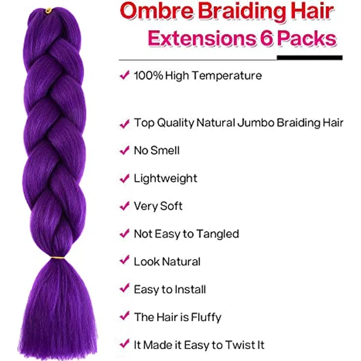 Shangxiu Jumbo Braids Extensions, 6 Packs Lila Ombre Synthetisches Haar, 24" (60cm), Hochtemperaturfaser für Afro Crochet Twist und Weave Hair – Bild 2