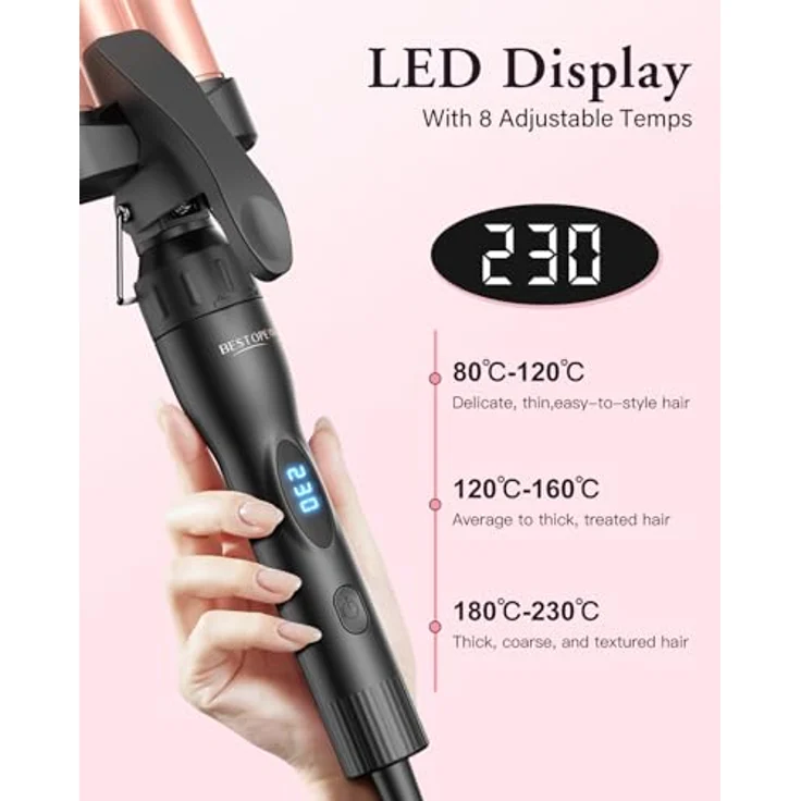 BESTOPE PRO Lockenstab Set 5 in 1, 3 Fässer Welleneisen mit 8 Temperatureinstellungen und LED-Anzeige, schnellaufheizend, Rose Gold – Bild 2