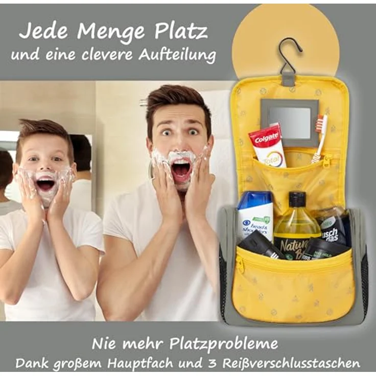 GRINSEZWERGE Kulturtasche - Reise Kulturbeutel mit 12 Motiven, 25 x 20 x 8 cm, zum Aufhängen, mit 3 Reißverschluss- und 4 Netztaschen, hochwertig und langlebig – Bild 3