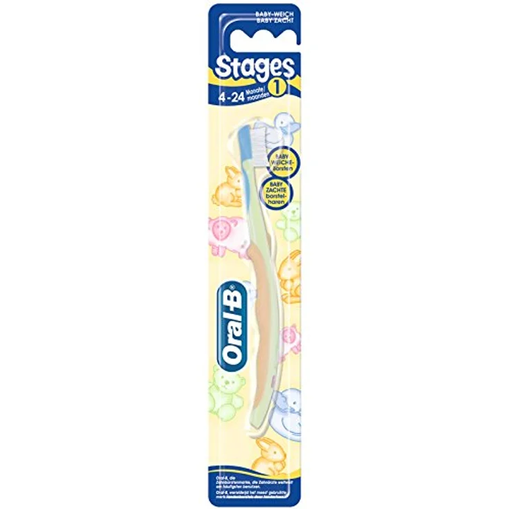 Braun Oral-B Stages 1 Kinderzahnbürste von 4 bis 24 Monate 1 Stück, gepolsterter Bürstenkopf, babyweiche Borsten, Antirutsch-Griff, Tierfiguren, sortiert – Bild 2