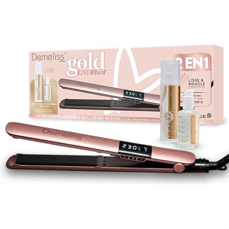 Demeliss Saint Alge Glätteisen Gold, 2-in-1 Haarglätter mit Turmalin-Keramikplatten, einstellbare Temperatur von 150°C bis 230°C, inklusive Geschenkbox mit 2 Haarpflegeprodukten – Bild 1