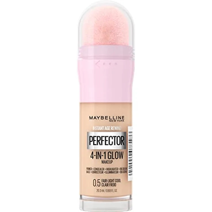 Maybelline New York 4-in-1 Make Up mit Concealer, BB Cream, Highlighter und Primer, für einen perfekten Teint, Foundation mit leichter Deckkraft, Instant Perfector Glow, Nr. 0.5 Fair Light Cool, 20 ml