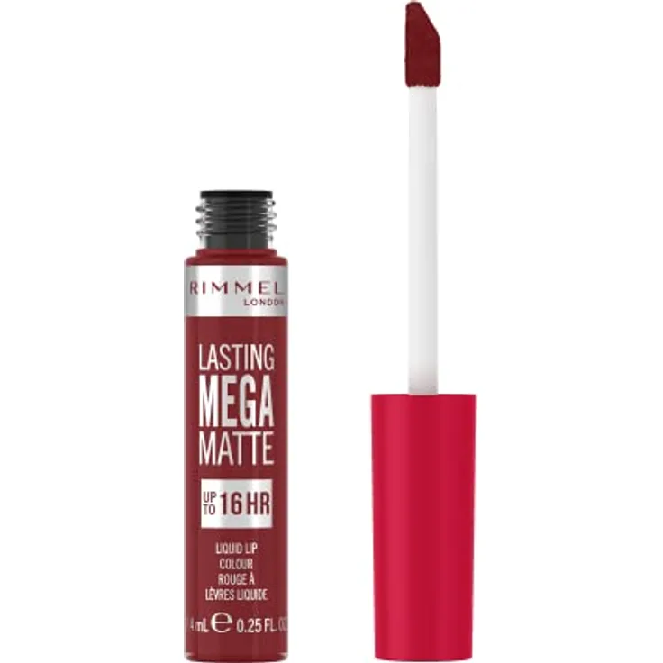 Rimmel London Flüssiger Lippenstift, Lasting Mega Matte, flüssiger Lippenstift, lang anhaltend, für weiche Lippen mit Finish Matte, vegane Formel mit Squalen und Kokosöl - 930 Ruby Passion, 7,4 ml