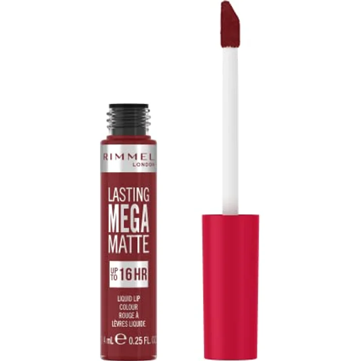 Rimmel London Flüssiger Lippenstift, Lasting Mega Matte, flüssiger Lippenstift, lang anhaltend, für weiche Lippen mit Finish Matte, vegane Formel mit Squalen und Kokosöl - 930 Ruby Passion, 7,4 ml – Bild 1