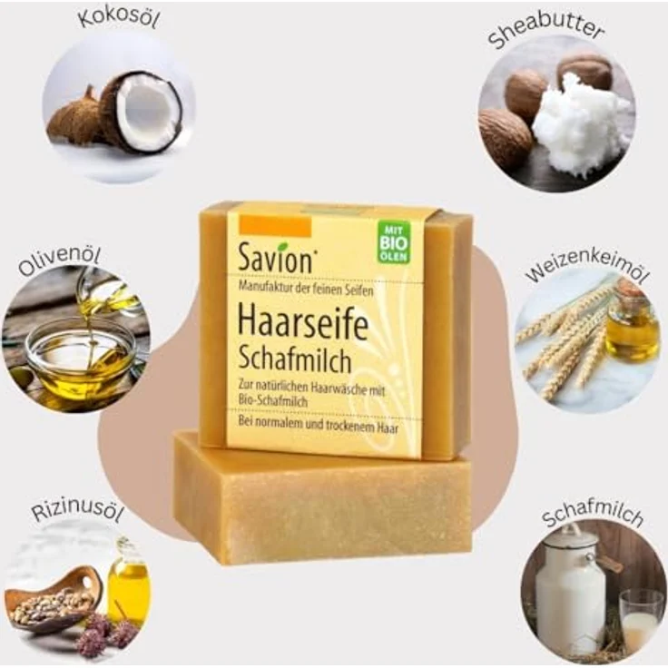 Savion Naturseife für Haare | Schafmilch & Bio-Öle | Trockene Kopfhaut, für normales und trockenes Haar, Palmölfrei, BIO, 85g – Bild 2