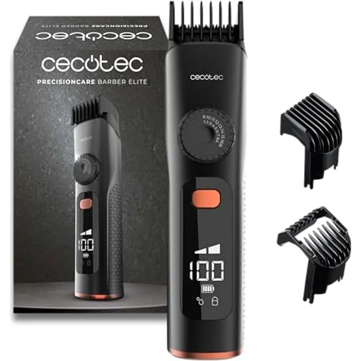 Cecotec Barttrimmer PrecisionCare Barber Elite, Edelstahlklingen, 120 Minuten Akkulaufzeit, wasserbeständig, mit zwei verstellbaren Kammaufsätzen – Bild 1