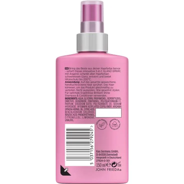 John Frieda Brilliant Shine 3-in-1 Glanz Spray - Inhalt: 150 ml - Glanz, Entwirrung und Hitzeschutz - Ohne zu beschweren - Silikonfrei – Bild 2