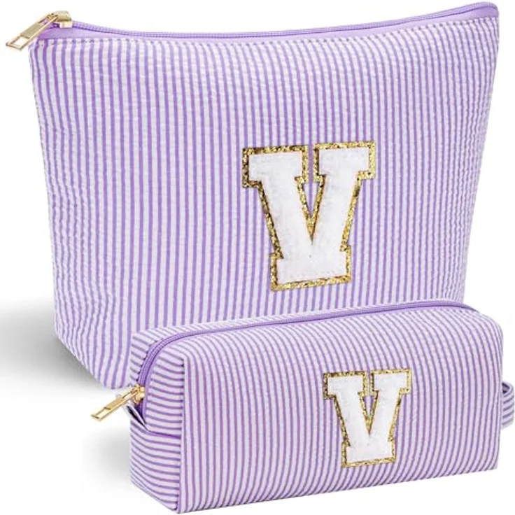 Parima Lila Kosmetiktasche, personalisierte Make-up Tasche mit Buchstaben V, praktische Größe 28 x 19 x 8,5 cm, für Reisen und tägliche Nutzung – Bild 1