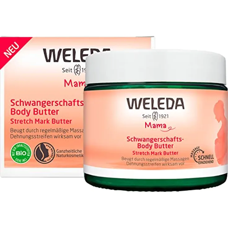 WELEDA Bio Mama Schwangerschaft Body Butter – vegane Naturkosmetik Babybauch Massage Körperbutter zur Dehnungsstreifen Vorbeugung. Hautpflege Körpercreme mit Sheabutter & Kakaobutter (1x 150ml)