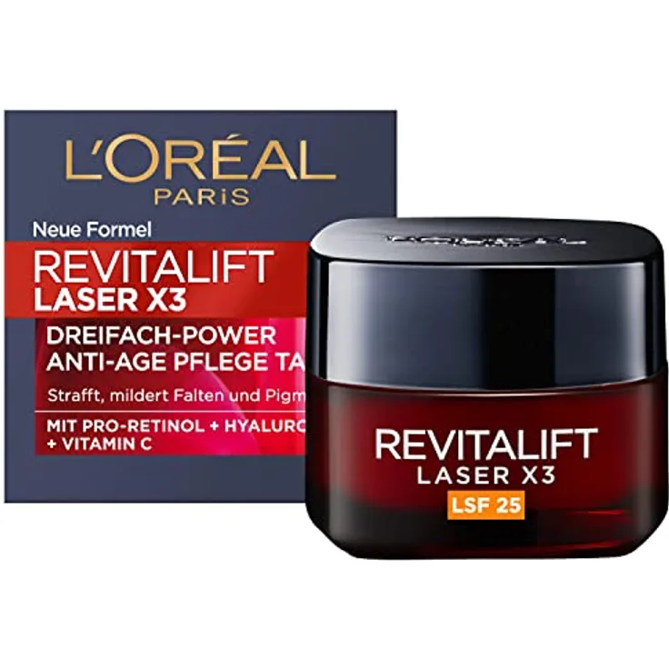 L'Oréal Paris Revitalift Laser X3 Anti-Aging-Tagescreme LSF 25 für Frauen: mildert Falten & strafft die Haut, mit Pro-Retinol, Hyaluronsäure und Vitamin C, 50ml