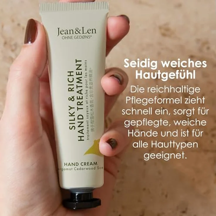 Jean & Len Mini Silky & Rich Hand Treatment, Handcreme mit Bergamot & Cedarwood, 30 ml, vegan, ohne Parabene & Silikone, praktische Reisegröße – Bild 4