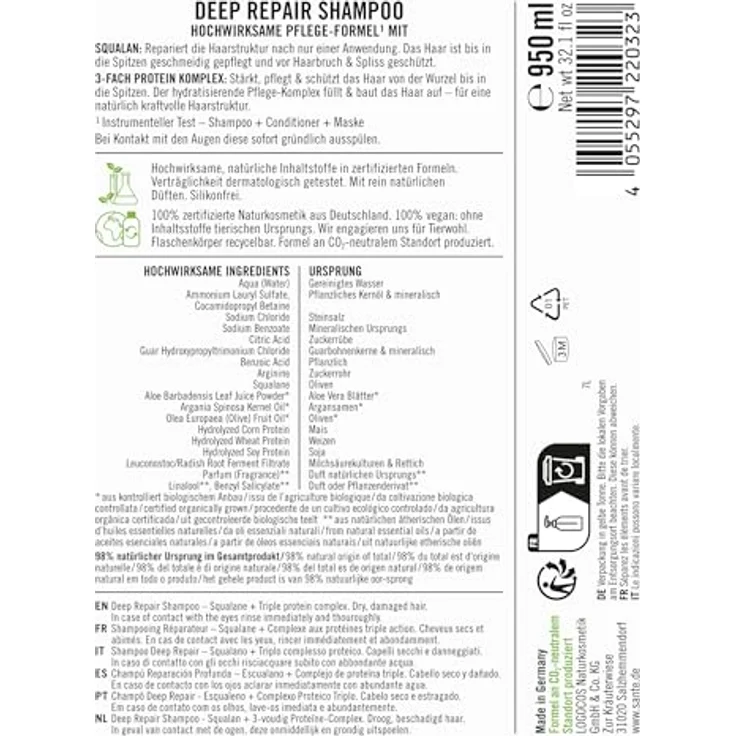 SANTE Naturkosmetik Deep Repair Shampoo Squalan + 3-Fach Protein Komplex, veganes Pflegeshampoo für geschmeidiges und glänzendes Haar, 950 ml – Bild 2