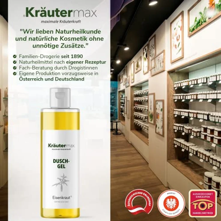 Kräutermax. Eisenkraut Duschgel auch als Shampoo Seife Flüssig und Flüssigseife, 250 ml mit Eisenkraut Extrakt, Lemongrasöl und Meersalz, natürliche Pflege für jeden Hauttyp, ohne Paraffine und Vaseline, ohne synthetische Duft- und Farbstoffe – Bild 5