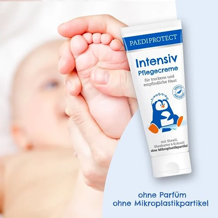 PAEDIPROTECT Intensiv Pflegecreme 75ml, spendet Feuchtigkeit bei trockener & gereizter Haut, lindert Juckreiz und beugt Entzündungen vor, parfümfreie Baby Creme für Gesicht, Körper & Hände, vegan – Bild 3