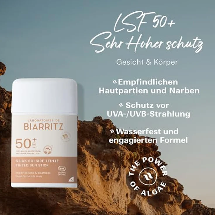 Laboratoires de Biarritz Getönter Sonnenstick LSF50, Bio-zertifiziert, beige, schützt und kaschiert Narben, 12g, Made in France – Bild 2
