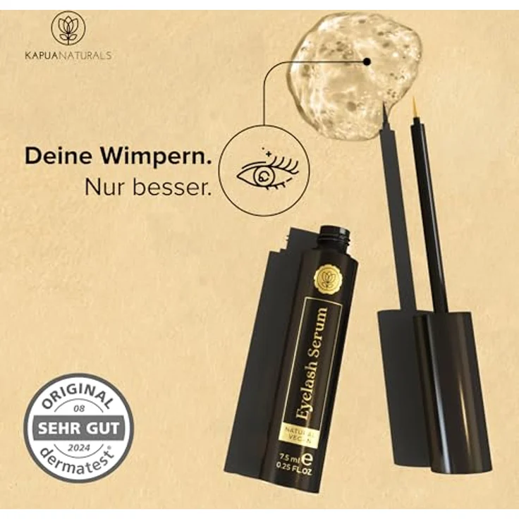 Kapua Naturals BIO Wimpernserum, Wachstum TESTSIEGER, hormonfrei, Multi-Peptid-Komplex, Koffein, Hyaluronsäure, Biotin, 7,5ml, Naturkosmetik Made in Germany – Bild 2