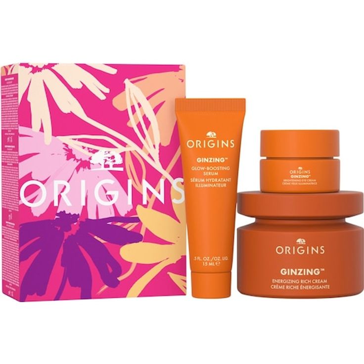 Origins Ginzing Glowing Essentials, Gesichtspflege-Set für strahlende Haut, 3 Produkte: Energizing Rich Cream 50 ml, Glow-Boosting Serum 15 ml, Brightening Eye Cream 5 ml