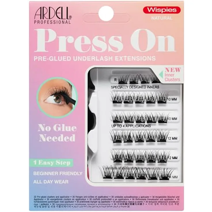 Ardell Press On Wispies Natural Wimpern, selbstklebend, 24 Stunden Haltbarkeit, 4 Längen, Applikator inklusive