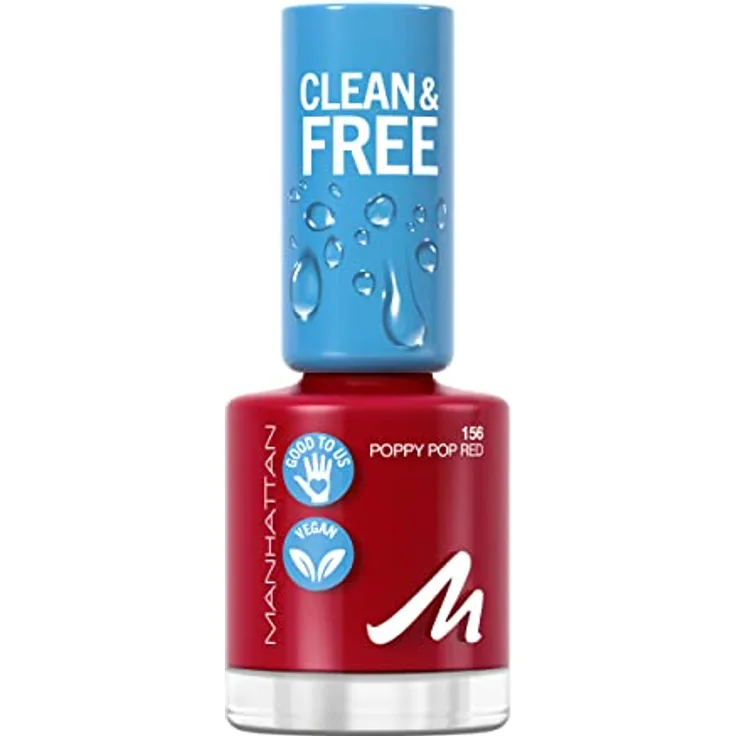Manhattan Clean und Free Nail Polish, Fb. 156 Poppy Pop Red, atmungsaktiver Nagellack, vegan, 8 ml