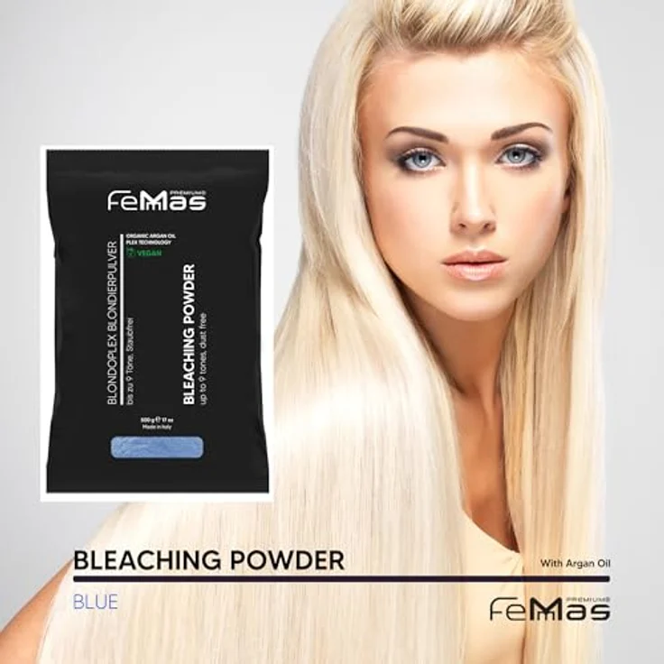 FemMas Blondier-Set 12%, Blaues Blondierpulver 500g & Oxycreme Entwickler 1000ml, Aufhellung um bis zu 9 Tonstufen in Salon-Qualität – Bild 3