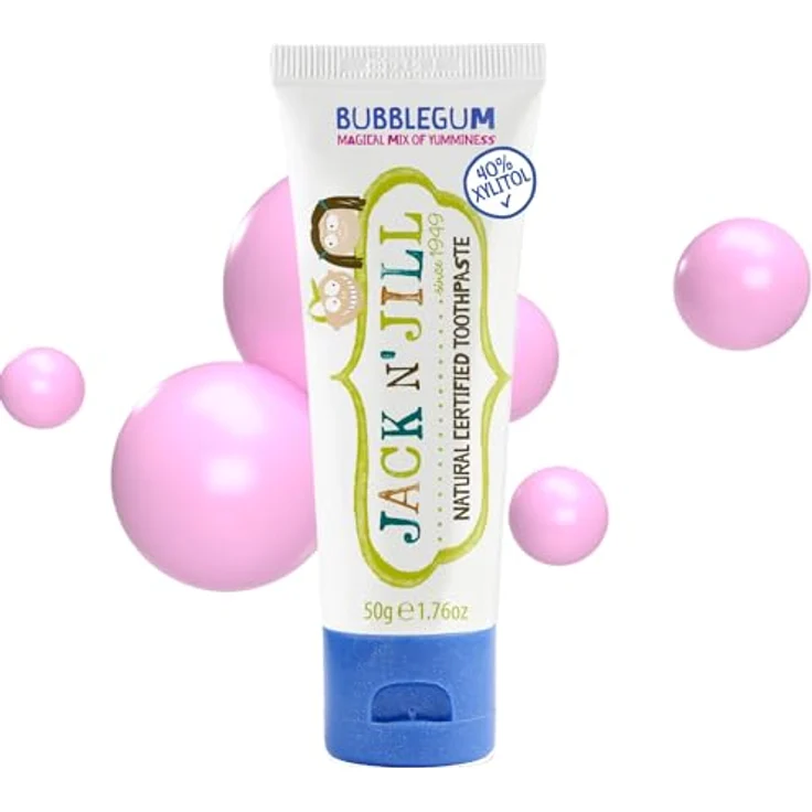 Jack N' Jill Kids Natural Toothpaste, fluoridfreie Zahnpasta mit Bio-Fruchtaroma, 50g, geeignet ab 6 Monaten, Bubblegum Geschmack – Bild 1